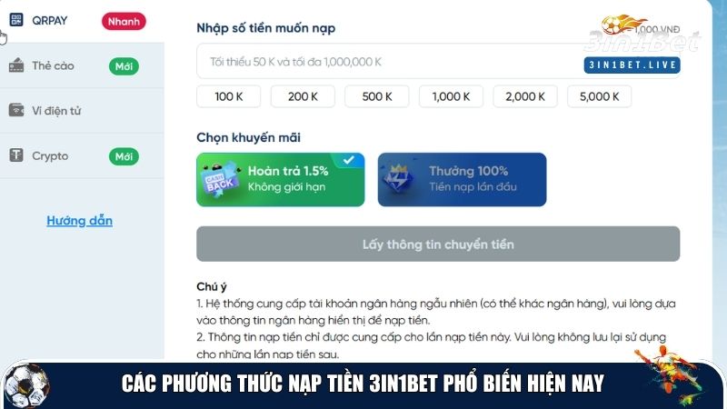Đa dạng phương thức nạp tiền 3in1bet